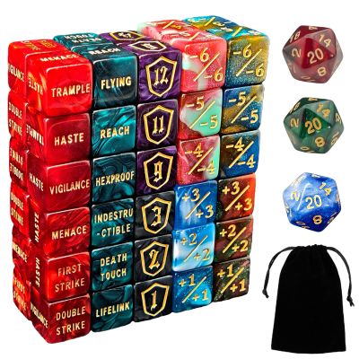 63 PCS MTG Counter Dice Set - AbilityKeyword Counters, -1/+1 Life, Shield Life Counter Dice, Creature Stat Buffs, Marble Colour D6 Cube Dice, for MTG, TCG, Card Games (Includes Black Bag) (Red)