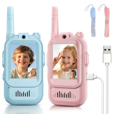 Video Walkie Talkies for Kids, Handheld 2 Pack Rechargeable Video Intercom Kids Walkies Talkies, Indoor Outdoor Toys for Family Games, Outside, Camping, Hiking for Boys Girls Ages 3-12 (Blue/Pink)