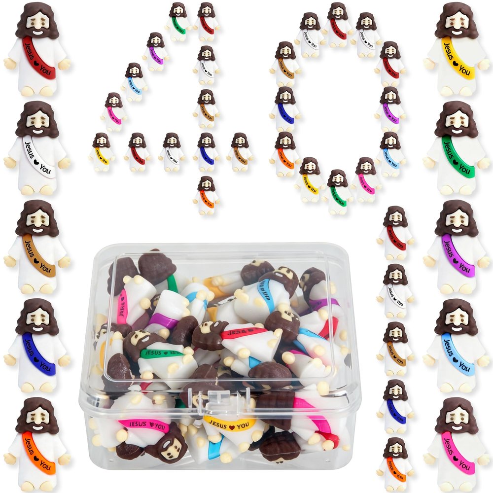 40 Pcs Mini Jesus Figurines in Bulk, Easter Little Jesus Figures With Box, Rubber Tiny Baby Jesus Loves You Figures Christ Toys for Hide and Seek Easter Egg Fillers Party Favors Gifts(Mix 10*40)