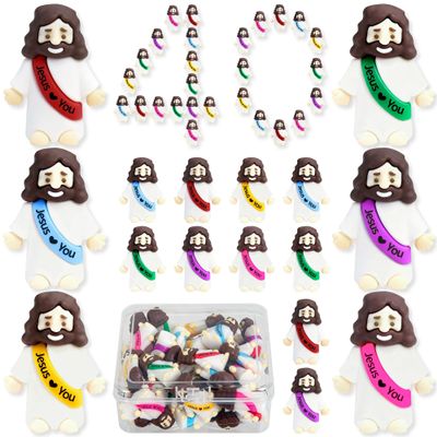 60 Pcs Mini Jesus Figurines in Bulk, Easter Little Jesus Figures With Box, Rubber Tiny Baby Jesus Loves You Figures Christ Toys for Hide and Seek Easter Egg Fillers Party Favors Gifts (Mix6 * 40)
