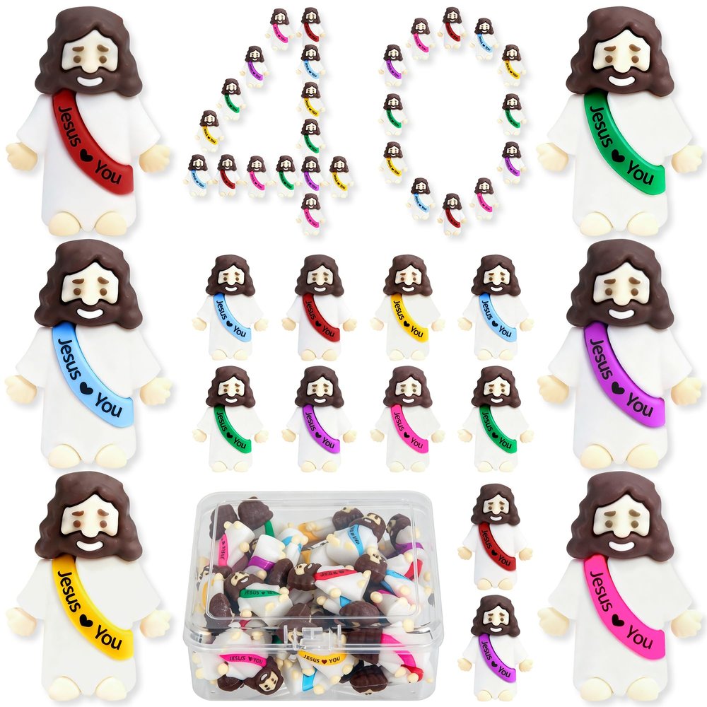 60 Pcs Mini Jesus Figurines in Bulk, Easter Little Jesus Figures With Box, Rubber Tiny Baby Jesus Loves You Figures Christ Toys for Hide and Seek Easter Egg Fillers Party Favors Gifts (Mix6 * 40)