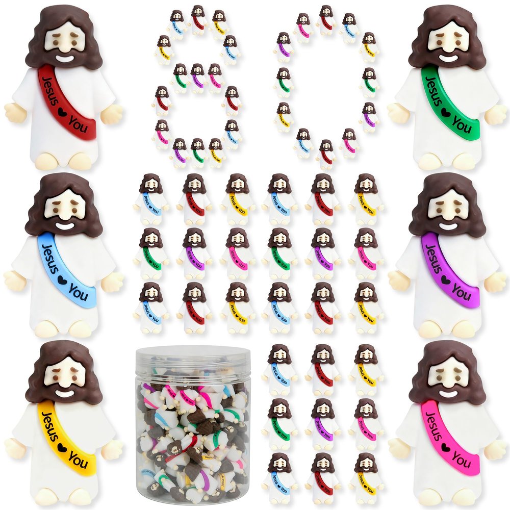 80 Pcs Mini Jesus Figurines in Bulk, Easter Little Jesus Figures With Bottle, Rubber Tiny Baby Jesus Loves You Figures Christ Toys for Hide and Seek Easter Egg Fillers Party Favors Gifts(Mix6 * 80)