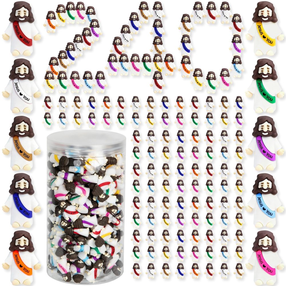 240 Pcs Mini Jesus Figurines in Bulk, Easter Little Jesus Figures With Bottle, Rubber Tiny Baby Jesus Loves You Figures Christ Toys for Hide and Seek Easter Egg Fillers Party Favors Gifts(Mix 10*240)