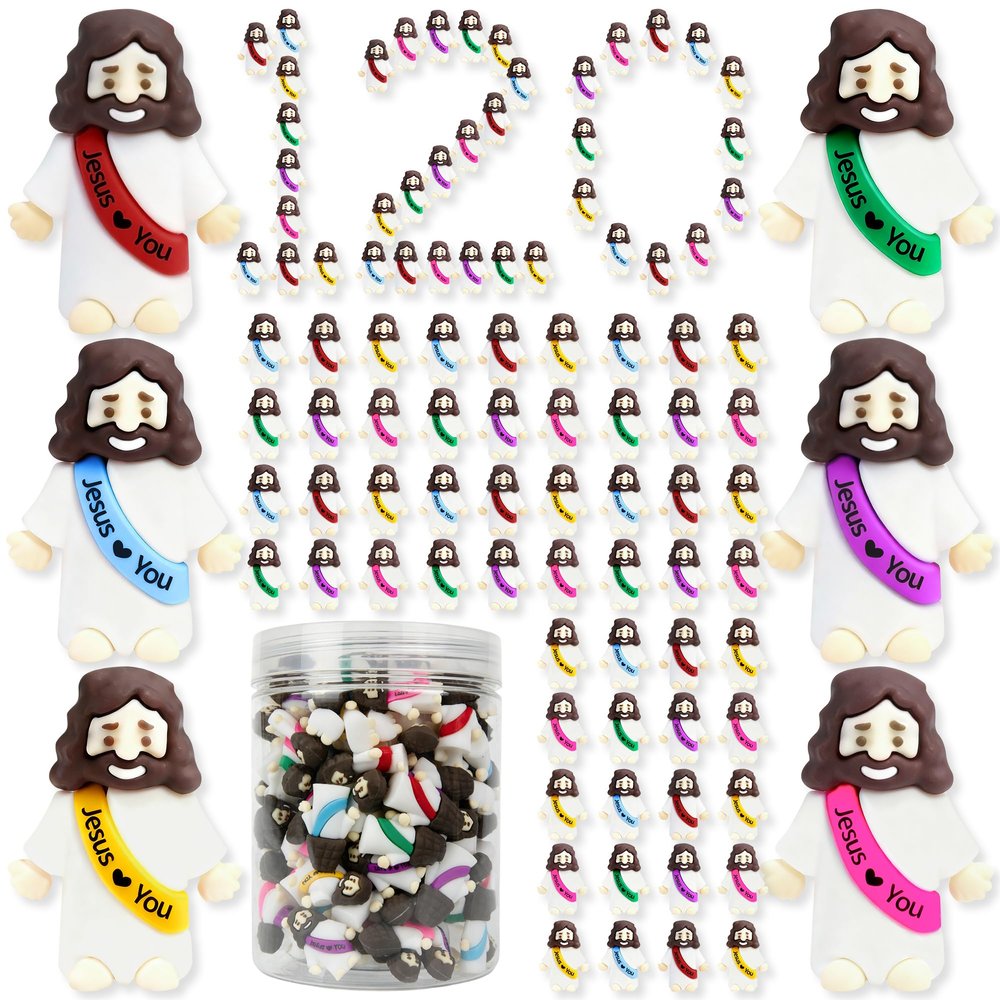 120 Pcs Mini Jesus Figurines in Bulk, Easter Little Jesus Figures With Bottle, Rubber Tiny Baby Jesus Loves You Figures Christ Toys for Hide and Seek Easter Egg Fillers Party Favors Gifts(Mix6* 120)