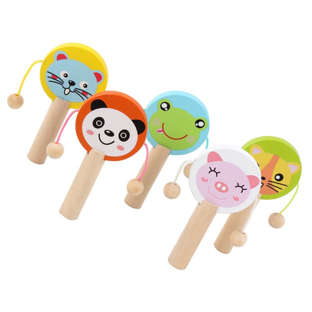 FELTECHELECTR 5pcs Wooden Handheld Rattle for Boy Girl Cartoon Animal Pattern Hand Rattles Lightweight Portable Music for Hand and Wrist Exercise Safe Non-Toxic Material
