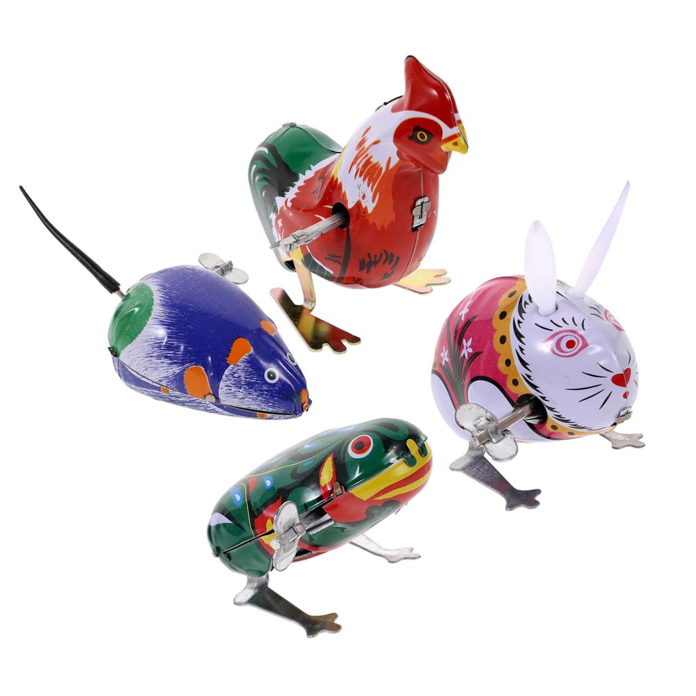 KOMBIUDA 4pcs Iron Clockwork Random Color Animal Wind Up Jumping for Boys Frog Rooster Hare Random Color