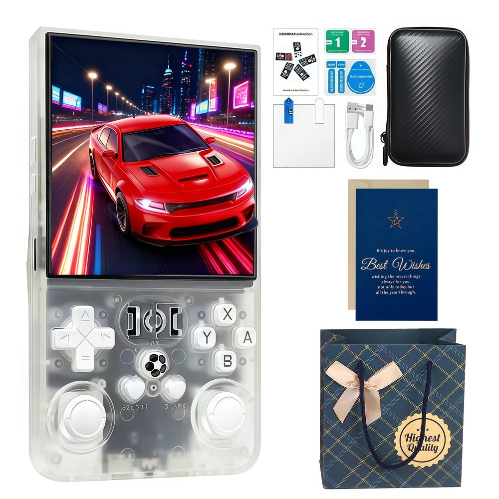 MYCHA R36MAX Retro Handheld Game Console Holiday Set with Accessory Kit - 4 Inch HD Screen, 128GB 21000 Classic Games, Portable Gaming for Adults (Translucent Set)