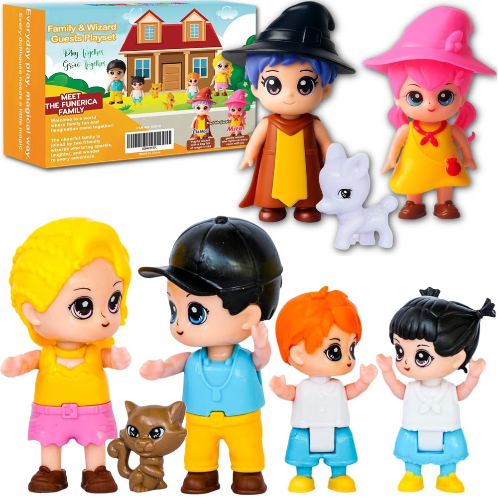 FUNERICA Imaginative Dollhouse People for Kids  Family Playset with Parents, Children, Pets & Guest Figures  Perfect Doll House People Figures for Pretend Play & Storytelling Fun