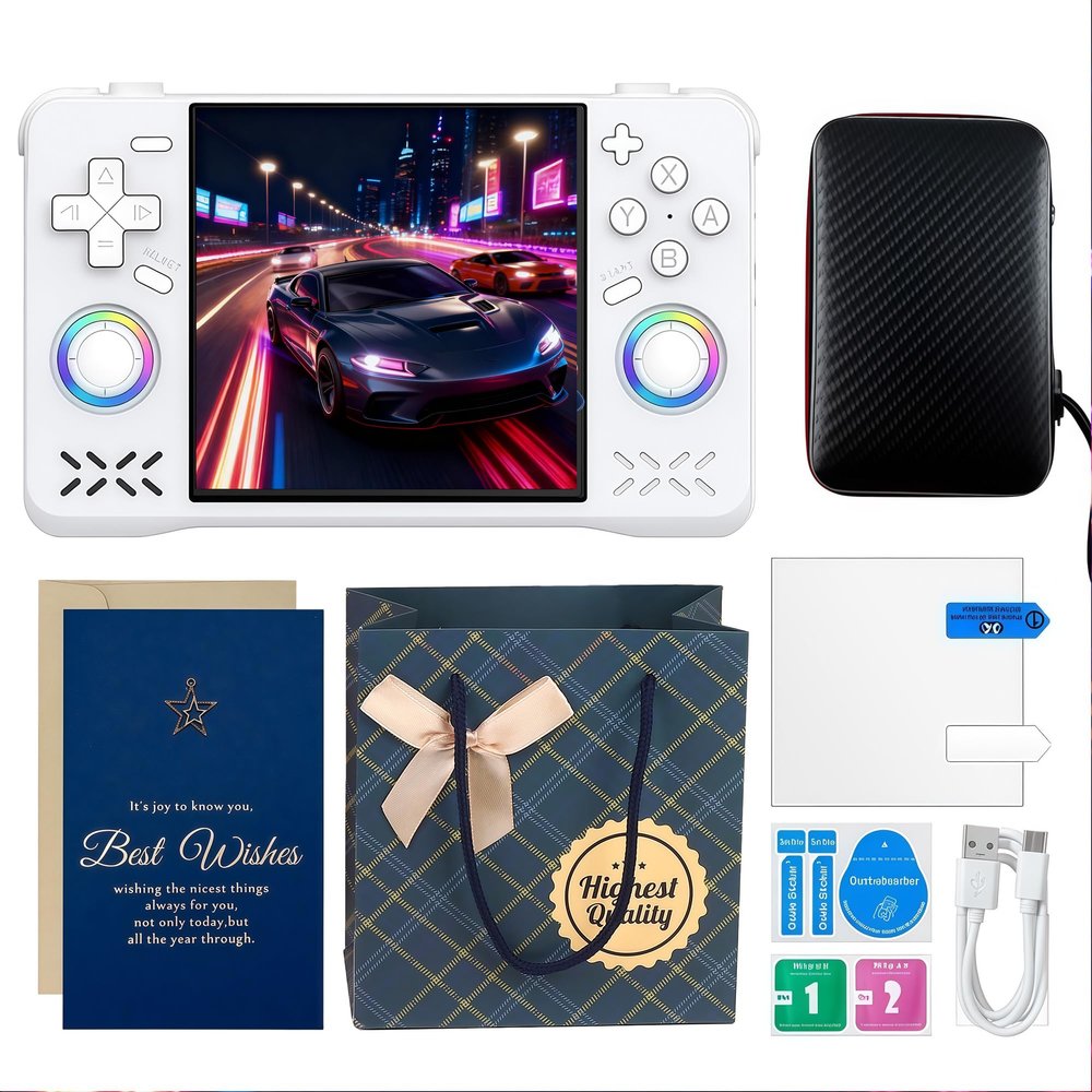 XF40H Retro Handheld Game Console Christmas Set with Gift Card & Bag,4 inch 4K IPS 128GB 21000+Classic Games,Linux OS,WiFi Multiplayer & Hall Triggers-Supports Gift for Gamer (White Set)