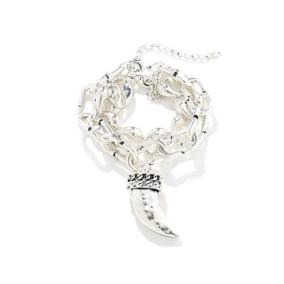 ZYIBPMSJKQCFK Vintage Handmade Spliced Alloy Chain Layered Animal Horn Pendant Bracelet Set,silvery,17.8+7cm