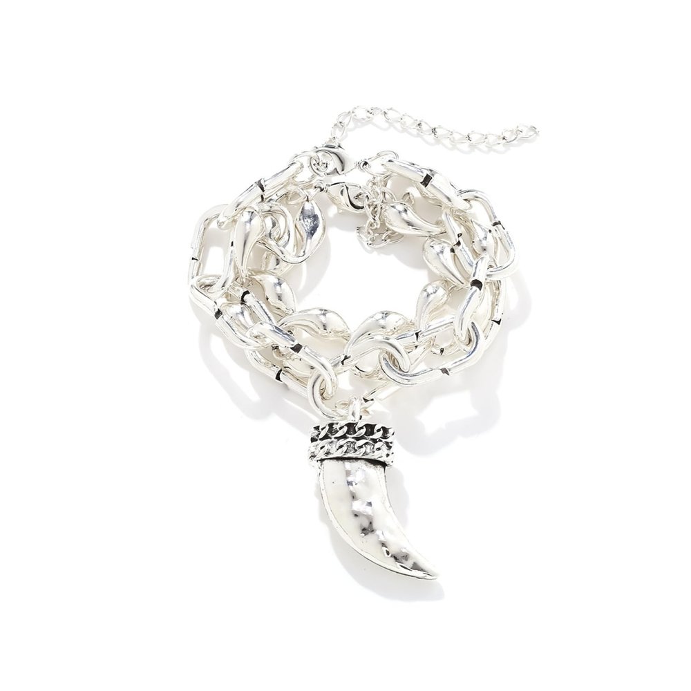 ZYIBPMSJKQCFK Vintage Handmade Spliced Alloy Chain Layered Animal Horn Pendant Bracelet Set,silvery,17.8+7cm