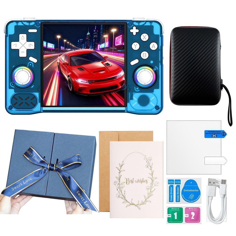 Upgraded XF40H Handheld Game Console,Retro Gaming Console Preloaded with Classic Games,4.0 Inch 4K HD IPS Screen,Portable Pocket Video Gaming with Valentine's Card & Premium Gift Box(128Gb Blue)