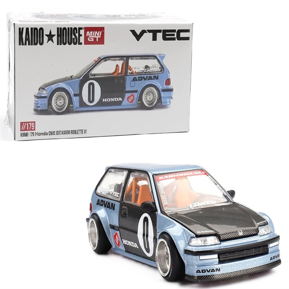 1:64 Diecast Model Car Compatible with Honda Civic (EF) Kaido Roulette V1 Light Blue Limited Edition by Kaido House x Mini GT KHMG179