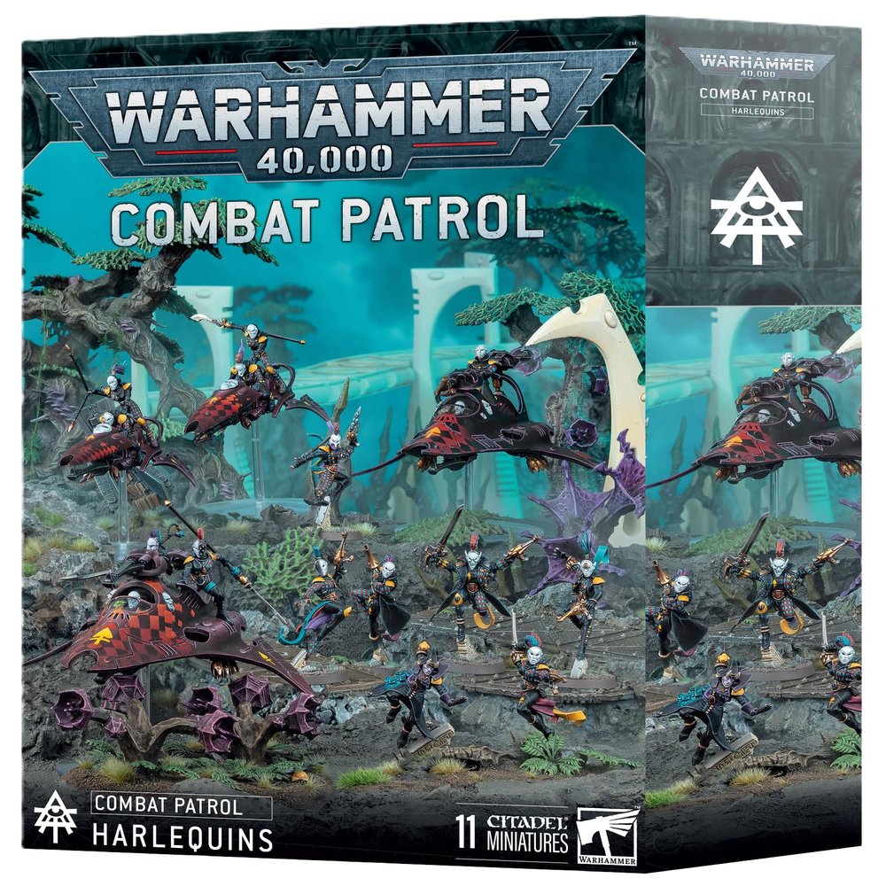 Warhammer 40K: Combat Patrol Harlequins Miniatures with Solitaire, Harlequin Troupe, Skyweaver, Starweaver, Voidweaver, and Transfer Sheets