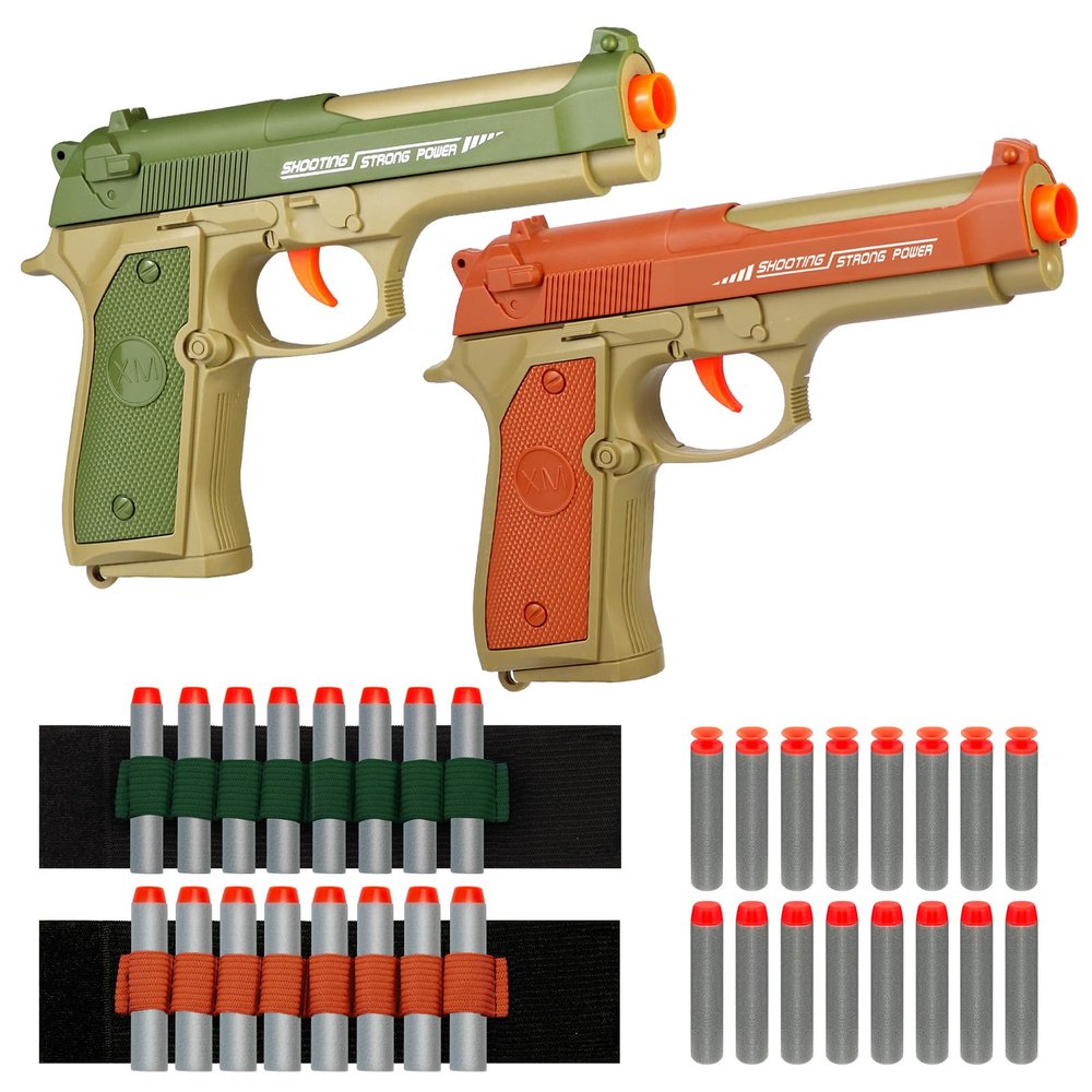 2 Pack Blaster Guns Boys Toy - with 16 Soft Foam Darts Bullets & 2 Wrist Bands - Christmas Birthday Hand Gun Toys Party Supplies for 6,7,8,9,10,11,12 Years Kids (Orange Green)