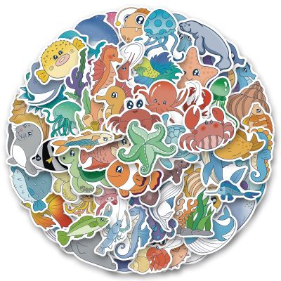 100pcs Ocean Animal Stickers for Water Bottles, Waterproof Adhesive Fish Decals Under The Sea Marine Life Stickers Ocean Stickers for Kids for Birthday Party Scrapbook Skateboard Phone Laptop