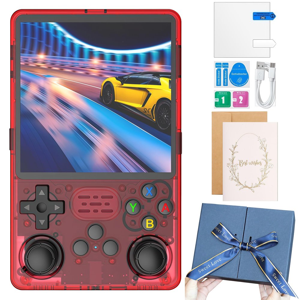 HatiLuminis R36plus Handheld Retro Game Console 4.0-inch IPS Screen,Preloaded with Classic Games,Portable Pocket Video Gaming with Valentine's Card & Premium Gift Box (Red)
