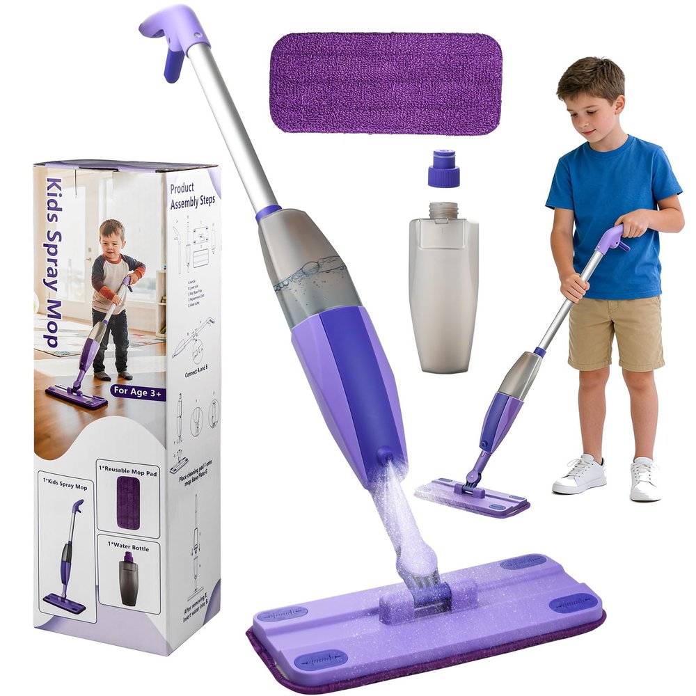 Kids Spray Mop - Mini Mop with Real Sprayer and Washable Microfiber Pad, Toddler Cleaning Set, Montessori Household Education Toys, Gift for Boys Girls Ages 3+, Compatible with Swiffer Wet Jet Pads
