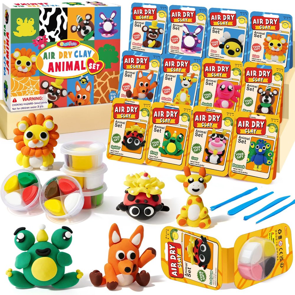 Air Dry Clay for Kids Modeling Clay Kit, 12 Boxes Model Magic Arts and Crafts for Kids with Tools & Tutorial, Non-Sticky, 3-12+ Years Boy Girl Birthday Gift, Animal Themed Party Favors Classroom Prize