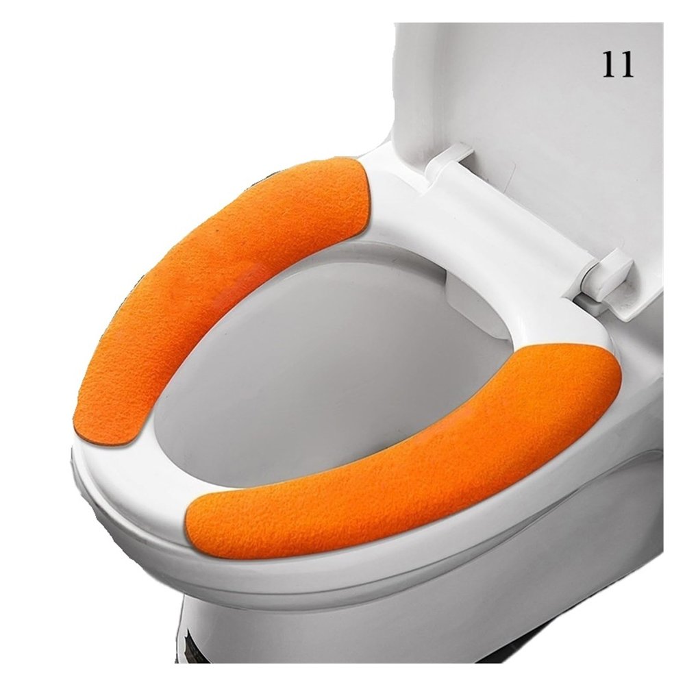2Pc/set Reusable Toilet Seat Cover Warm Flannel Toilet Sticker Seat Pad Washable Bathroom Warmer Seat Bathroom Cushion Pad(Small orange)