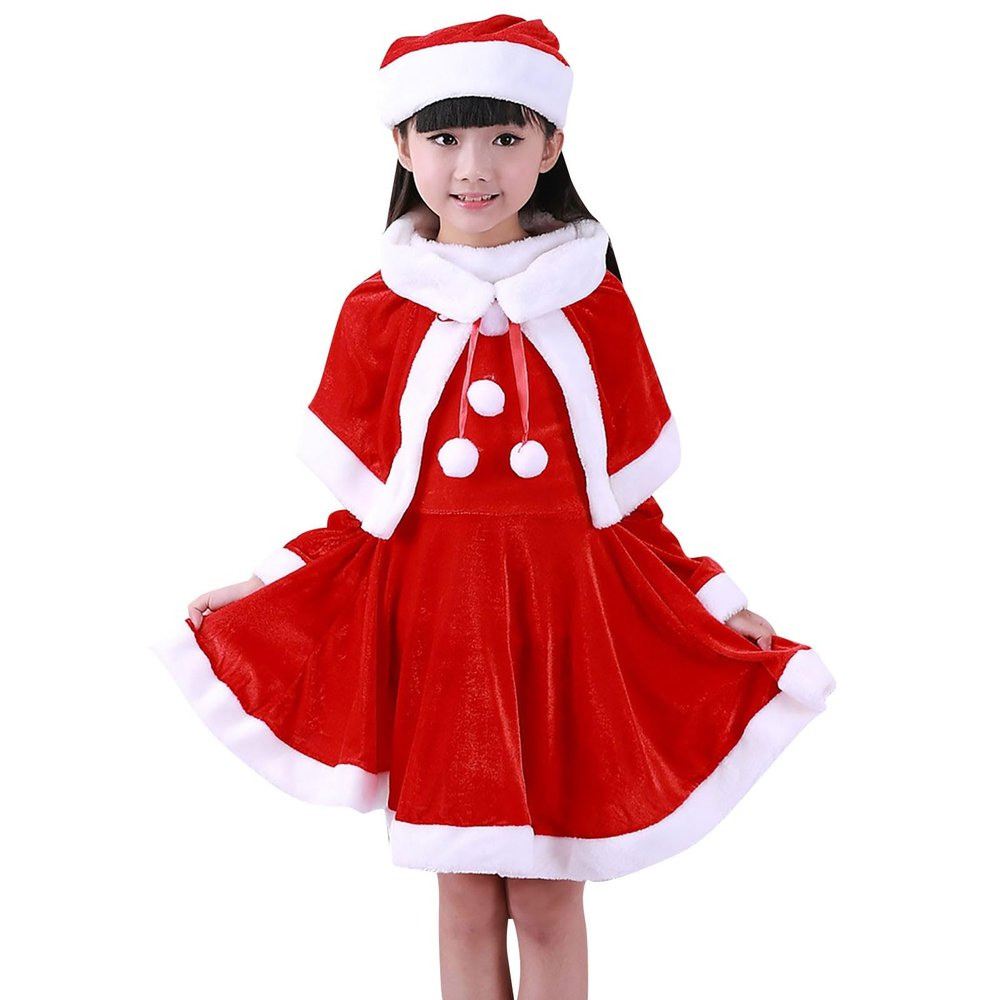 3 Pieces Girls Santa Dress, Christmas Cosplay Suit for Girl Kids Performance Velvet Dress Up with Belt (Red, 7-8 Years)