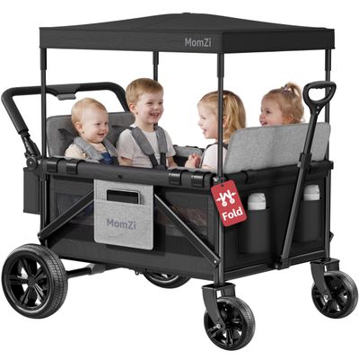 MomZi 4 Seater Wagon Stroller with Removable Canopy, Collapsible Wagon Stroller for 4 Kids with Storage Pocket for Baby and Toddlers Black