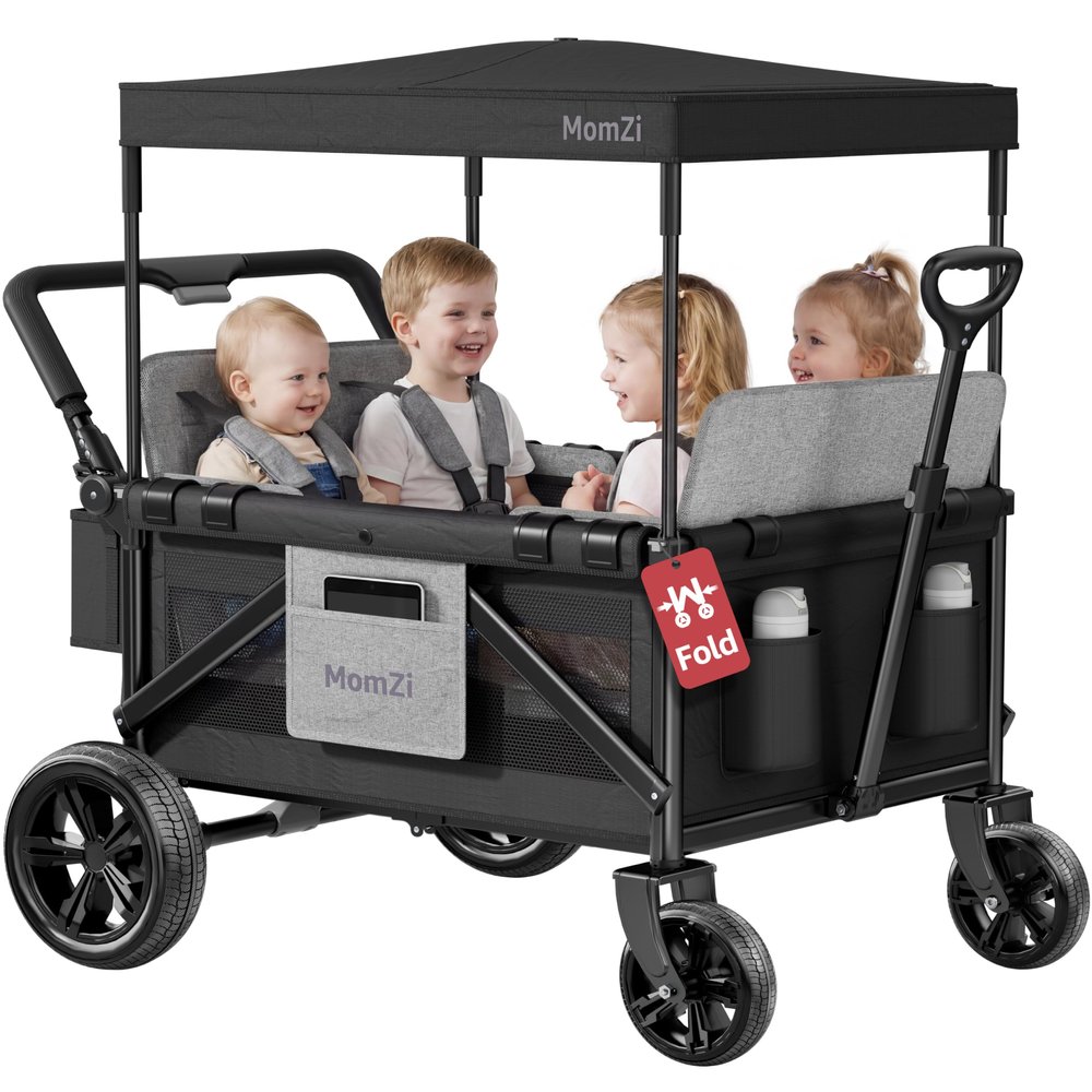 MomZi 4 Seater Wagon Stroller with Removable Canopy, Collapsible Wagon Stroller for 4 Kids with Storage Pocket for Baby and Toddlers Black
