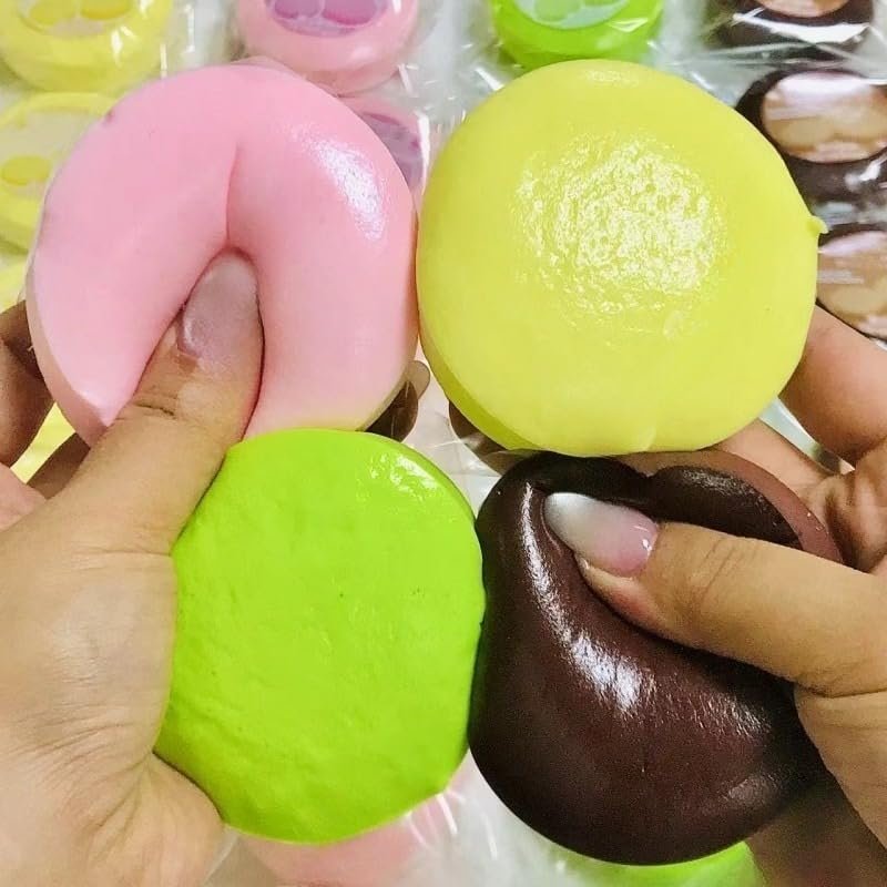 4 Pack Sticky Squishy Toys, Slow Rising Squishy Realistic Bread Shaped Fidget for Adult Anxiety Relief - Office Desk Accessory for Focus and Relaxation (Round)