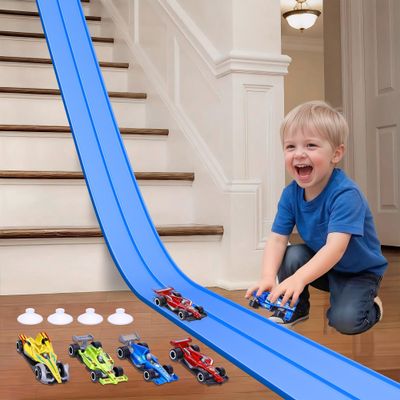 15 Ft Flexible Race Car Track for Kids, Double-Sided Racetrack with Suction Cups, Race Car Ramp Track & Compatible 1:64 Diecast Cars,Portable Roll Up Track Toy,Gift for Boys Girls Ages 3-5 5-7