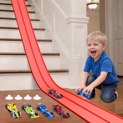 15 Ft Flexible Race Car Track for Kids, Double-Sided Racetrack with Suction Cups, Race Car Ramp Track & Compatible 1:64 Diecast Cars,Portable Roll Up Track Toy,Gift for Boys Girls Ages 3-5 5-7