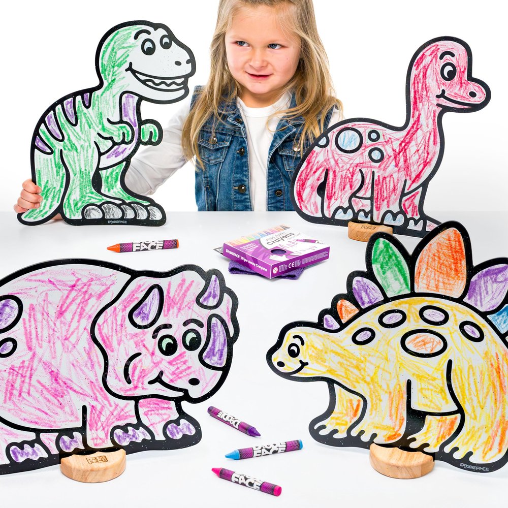 DoodleFace Dinosaur Toy Set for Kids: Color, Play, Wipe Away with Crayons and Eraser. Educational Reusable Coloring Toy with Triceratops, T-Rex, Brachiosaurus, Stegosaurus.