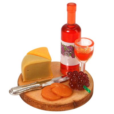 1:24 Mini Wine Decor Scale Dollhouse Miniatures  Miniature Wine Cheese and Board Platter Accessory with Tiny Bread Pastries and Bottle  DIY Micro Food Model for Kitchen Dining Room Scene Decor