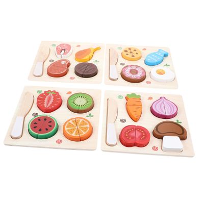 BCOATH 4 Set Wooden Cutting Set for Realistic Fruits Vegetables Pastries Puzzles Pretend Kitchen Play Food for Cognitive Skill Development