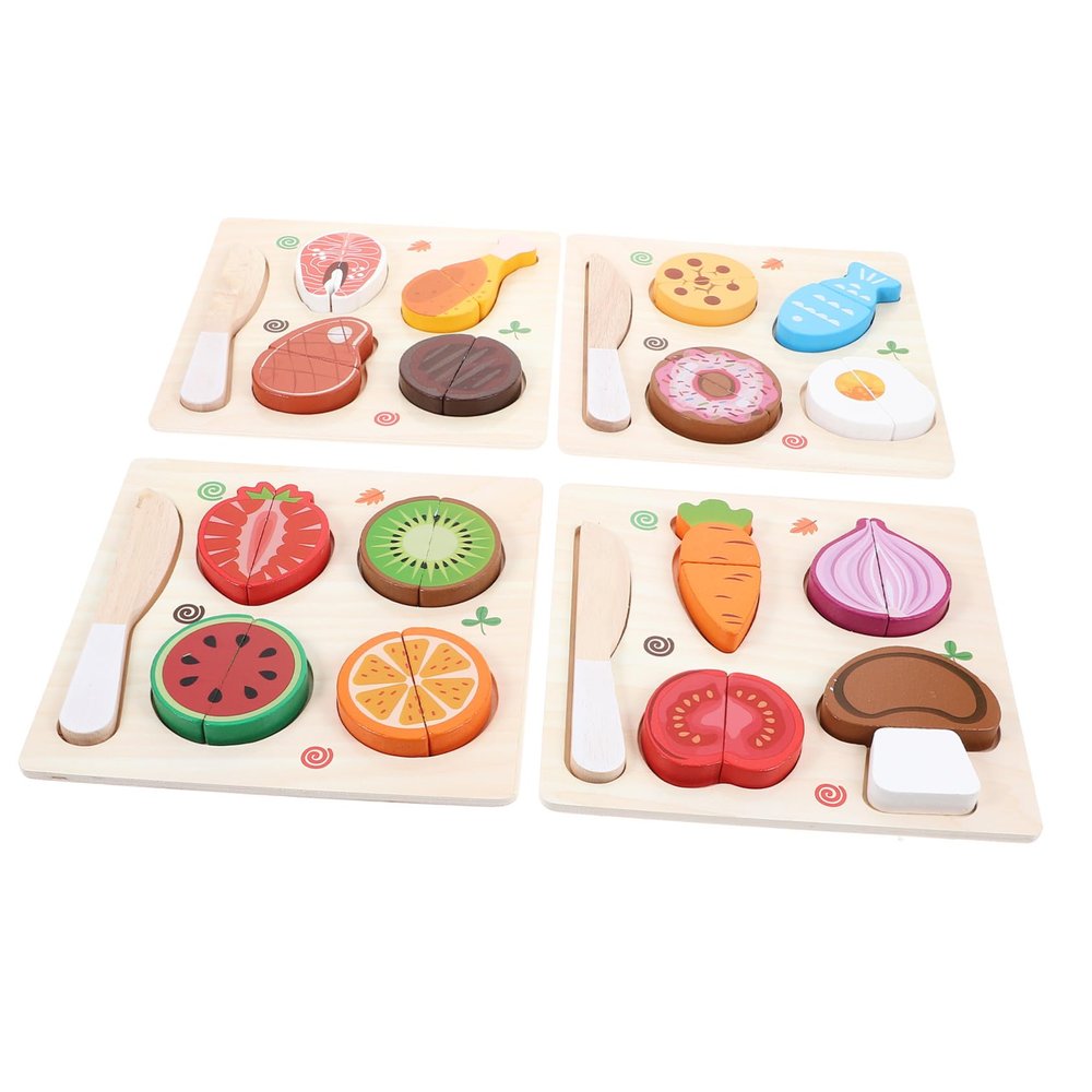 BCOATH 4 Set Wooden Cutting Set for Realistic Fruits Vegetables Pastries Puzzles Pretend Kitchen Play Food for Cognitive Skill Development