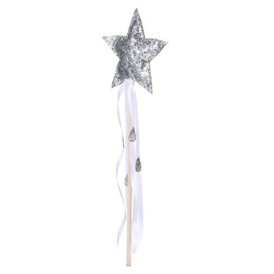KOMBIUDA Star Fairy Wand with Ribbon Silver Star-Shaped Stick for Birthday Party Stage Performance Cosplay and Fairy Party Favors Creative Decorative Prop