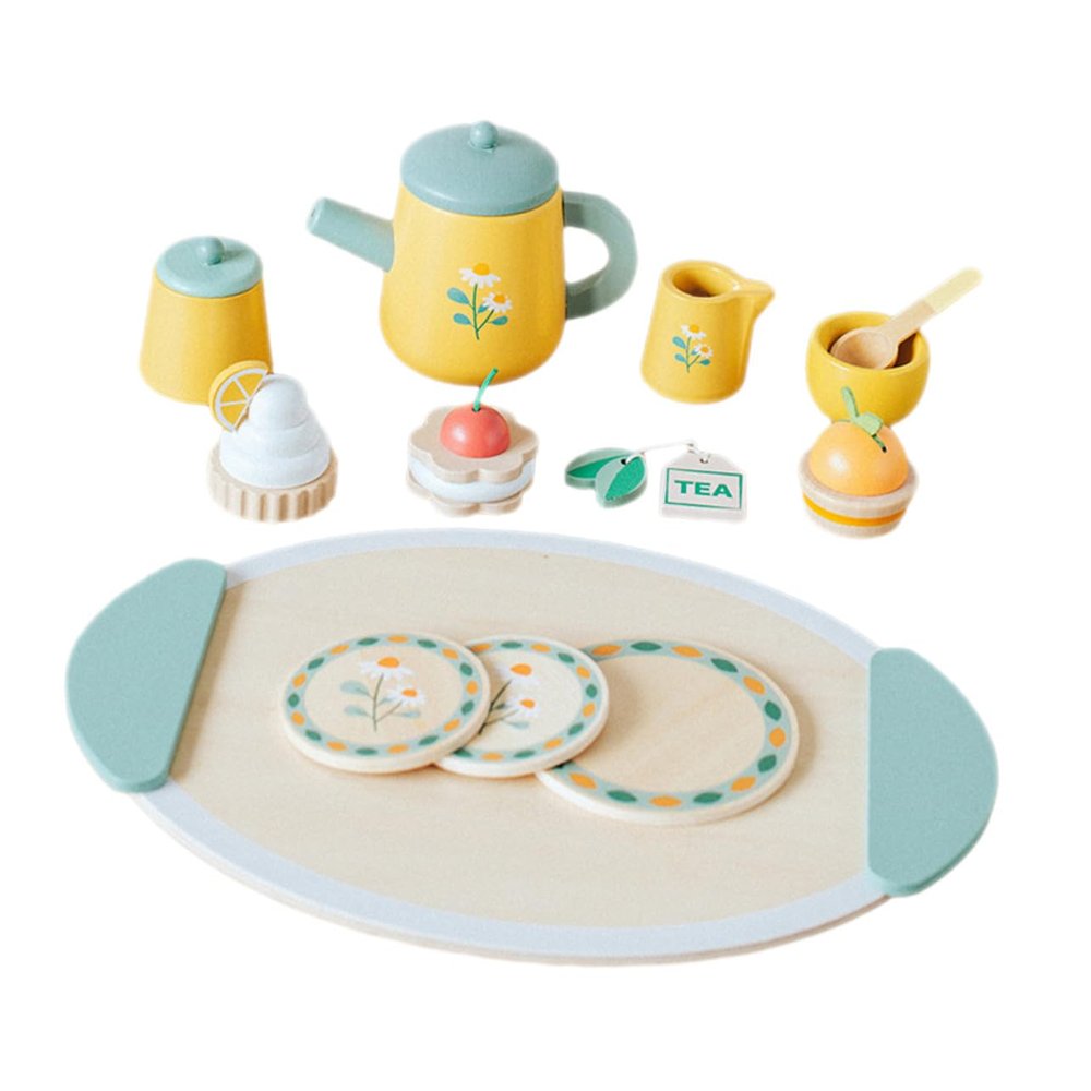 BRIGHTFUFU Wooden Tea Set for Educational Pretend Play Tea Party with Hand-Eye Coordination Development for Imaginative Role Play and Early Learning