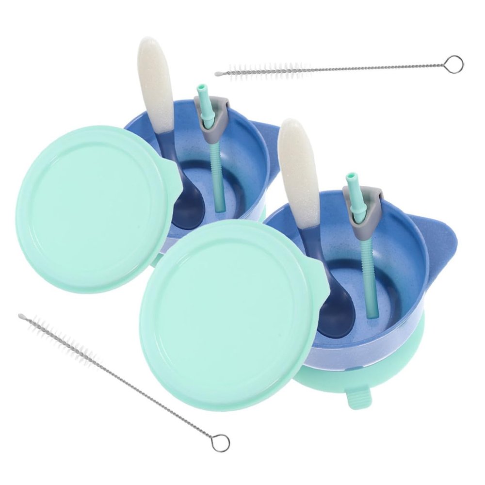CIMAXIC 2 Sets Food Bowls with Suction Base and Lids Unbreakable PP Material Feeding Bowls with Spoon and Straw Non-slip Portable Tableware for Dishwasher Safe and Easy to Clean