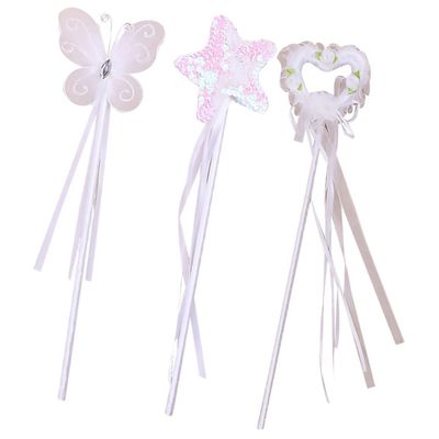 HAKIDZEL 3pcs Fairy Sticks with Pentagram Heart and Wing Motifs White Party Wand Pack for Birthday Cosplay and Themed Celebrations Random Color