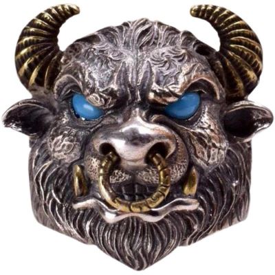 YIIABSLEP Handmade Bull Head Ring, Personalized and Powerful Retro Zodiac Bull Tai Silver Ring, Open Mouth Ring