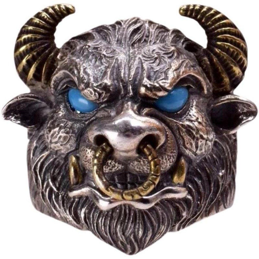 YIIABSLEP Handmade Bull Head Ring, Personalized and Powerful Retro Zodiac Bull Tai Silver Ring, Open Mouth Ring