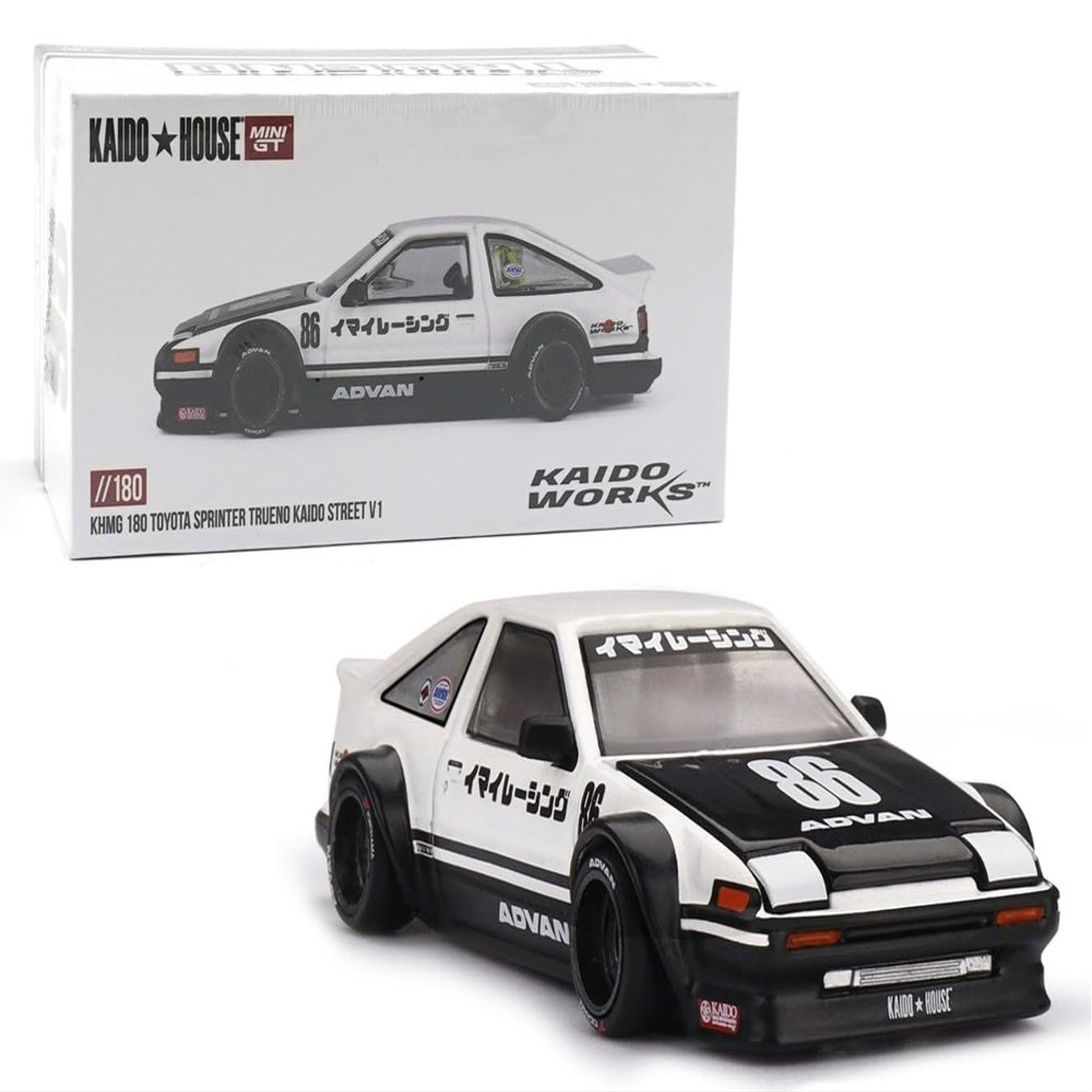 1:64 Diecast Model Car Compatible with Toyota AE86 Sprinter Trueno Kaido Street V1 White Limited Edition by Kaido House x Mini GT KHMG180