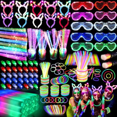 186 PCS Glow in the Dark Party Supplies,16 Foam Sticks,10 Glow Fiber Wands, 10 LED Glasses, 10 Glowing Rabbit Ears,100 Glow Sticks and 40 Finger Lights for Neon Party Birthday Carnivals Halloween
