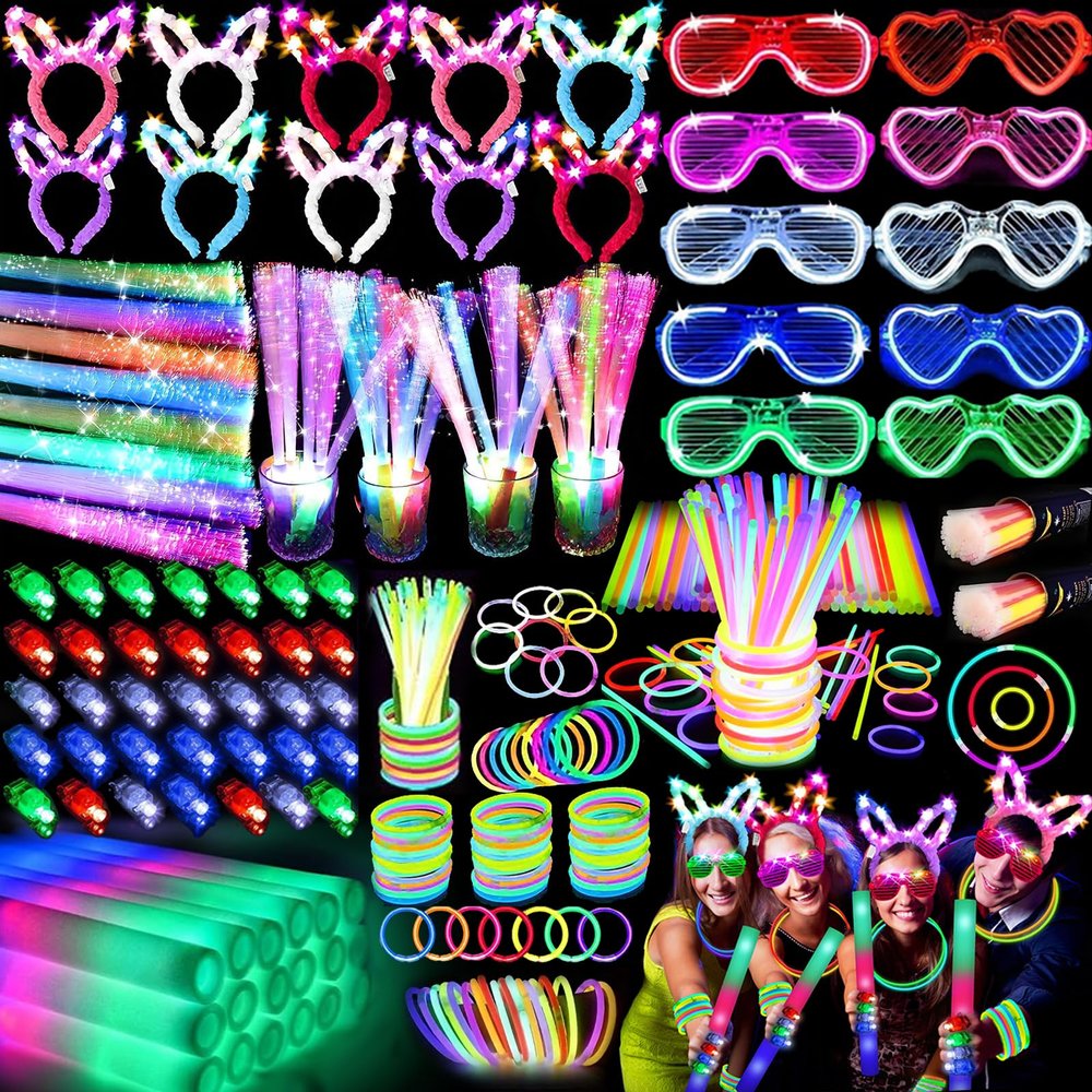 186 PCS Glow in the Dark Party Supplies,16 Foam Sticks,10 Glow Fiber Wands, 10 LED Glasses, 10 Glowing Rabbit Ears,100 Glow Sticks and 40 Finger Lights for Neon Party Birthday Carnivals Halloween