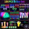 186 PCS Glow in the Dark Party Supplies,16 Foam Sticks,10 Glow Fiber Wands, 10 LED Glasses, 10 Glowing Rabbit Ears,100 Glow Sticks and 40 Finger Lights for Neon Party Birthday Carnivals Halloween view 2