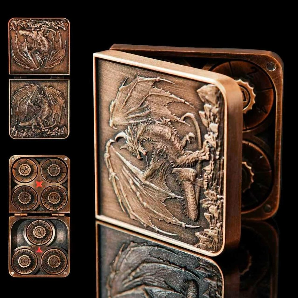 7 in 1 Spinner Metal DND Dice Set subitable for Dungeons & Dragons Hand-Carved Dragon Design in Magnetic Iron Box Copper