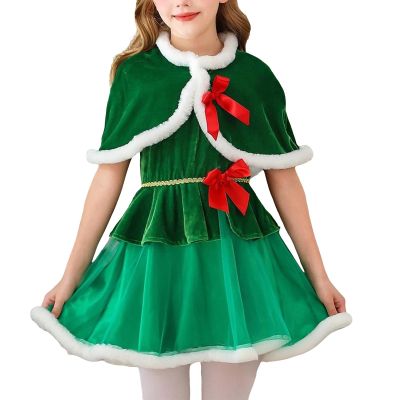 Girls Christmas Dress Flannel Fleece Tunic Cropped Cape Fall Outfits School Performance Show Girl (Green, 5-6 Years)