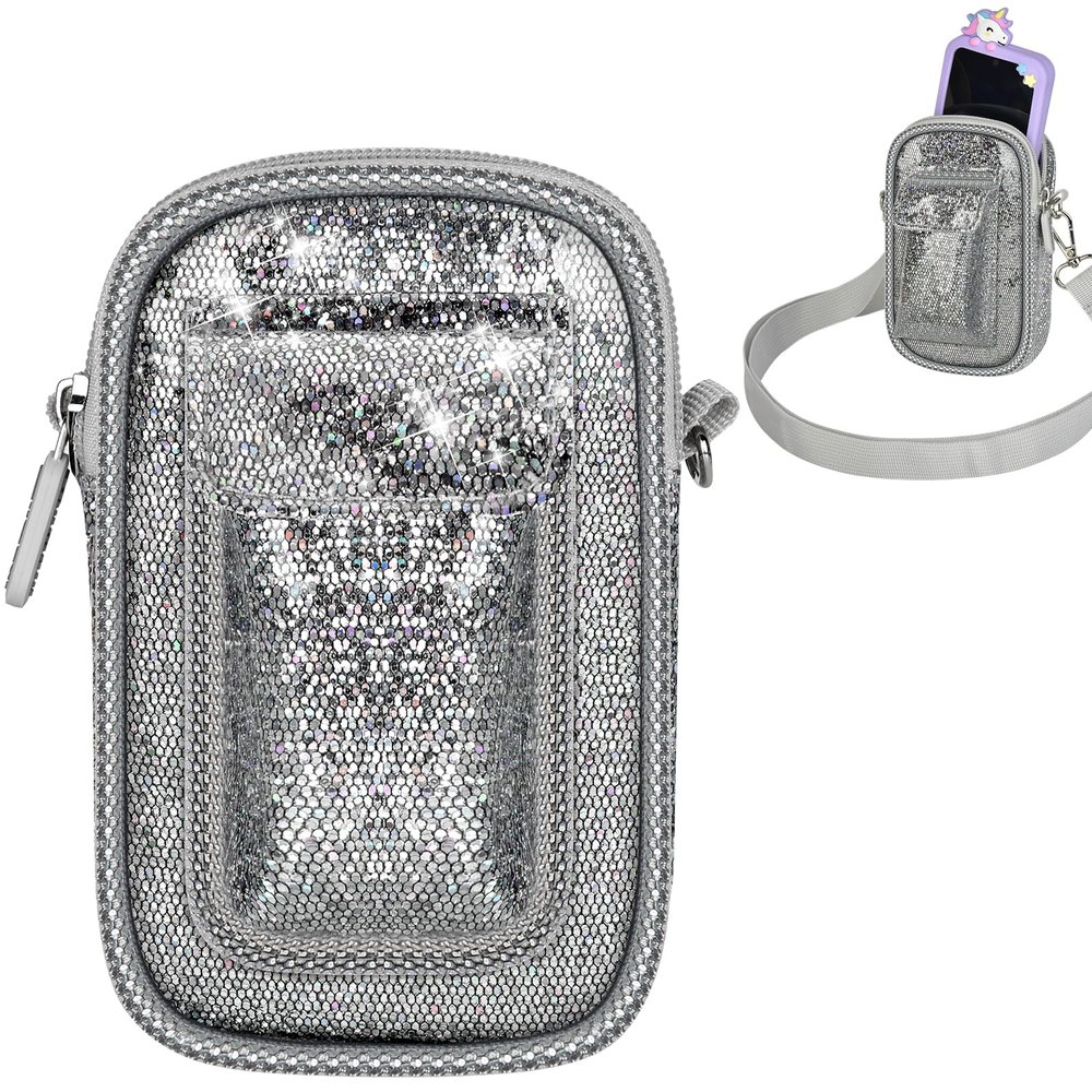 Tanmqin Kids Smart Phone Case for KOKODI/for Luyiilo/for Luoba/for Yosfeng/for WEOLULI and More, Glitter Powder Bag with Removable Shoulder Strap Fits Toddler Phone Data Cables SD Cards - Grey