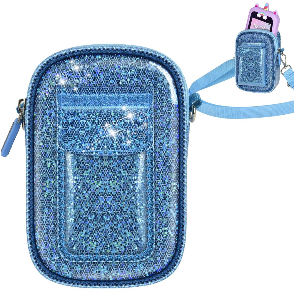 Tanmqin Kids Smart Phone Case for KOKODI/for Luyiilo/for Luoba/for Yosfeng/for WEOLULI and More, Glitter Powder Bag with Removable Shoulder Strap Fits Toddler Phone Data Cables SD Cards - Blue