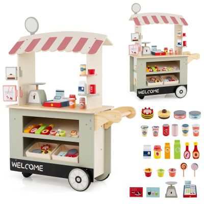 Costzon Kids Grocery Store Playset, Toddler Pretend Market Stand Shop Play Set w/ 30PCS Play Toy, Beverage Rack, Cash Register, Scale, Large Wheels, Wooden Food Cart, Gift for Boys Girls 3+ (Green)