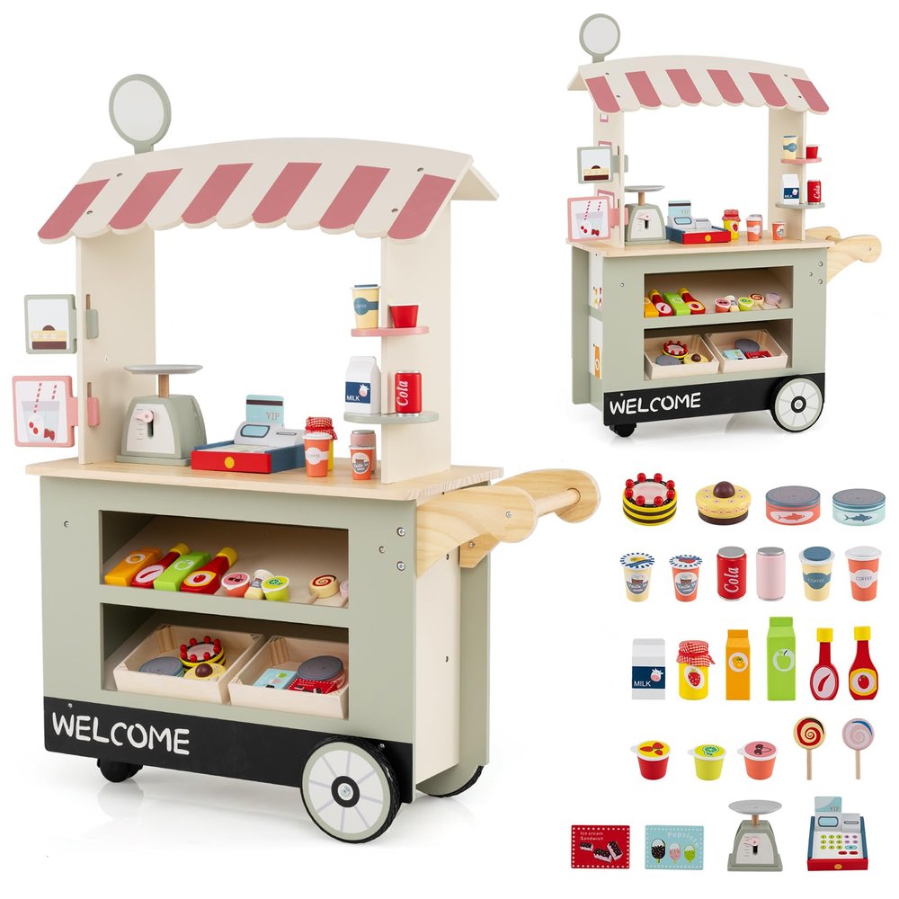 Costzon Kids Grocery Store Playset, Toddler Pretend Market Stand Shop Play Set w/ 30PCS Play Toy, Beverage Rack, Cash Register, Scale, Large Wheels, Wooden Food Cart, Gift for Boys Girls 3+ (Green)